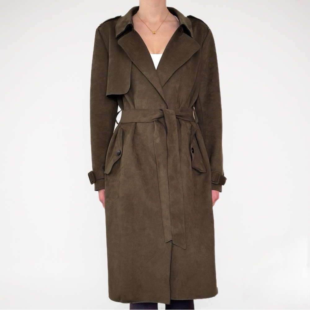 ZARA Olive Green Suede Effect Belted Trench Coat Size M
